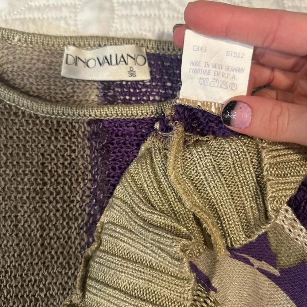 80s‎ Vintage Dino Valiano Linen Sweater Purple Green boho vibe 6 small/medium